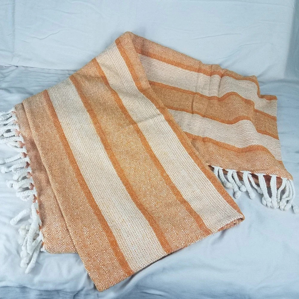 World Market Throw Blanket Orange White  Geometric Tassel Boho ultrasoft